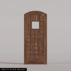 San Marco arched door in Knotty Black Walnut, with a square window surrounded by small wood panels. Labeled wood species view.