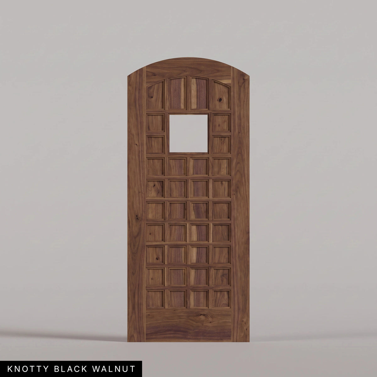 San Marco arched door in Knotty Black Walnut, with a square window surrounded by small wood panels. Labeled wood species view.