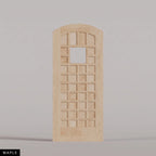 San Marco arched door in Maple, with a square window surrounded by small wood panels. Labeled wood species view.