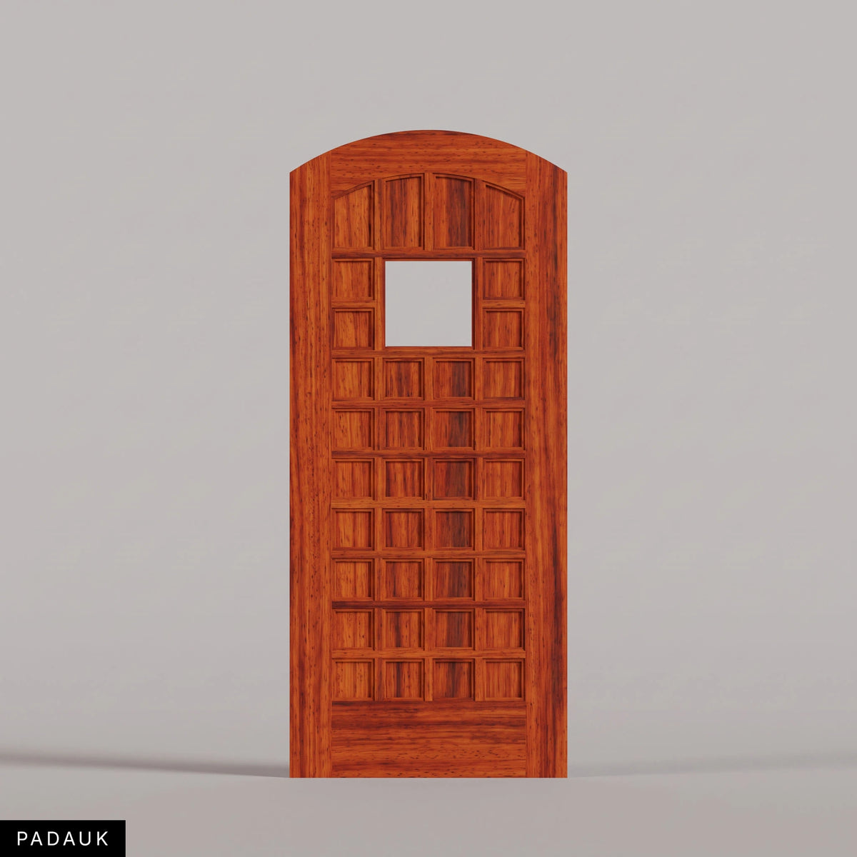 San Marco arched door in Padauk, with a square window surrounded by small wood panels. Labeled wood species view.