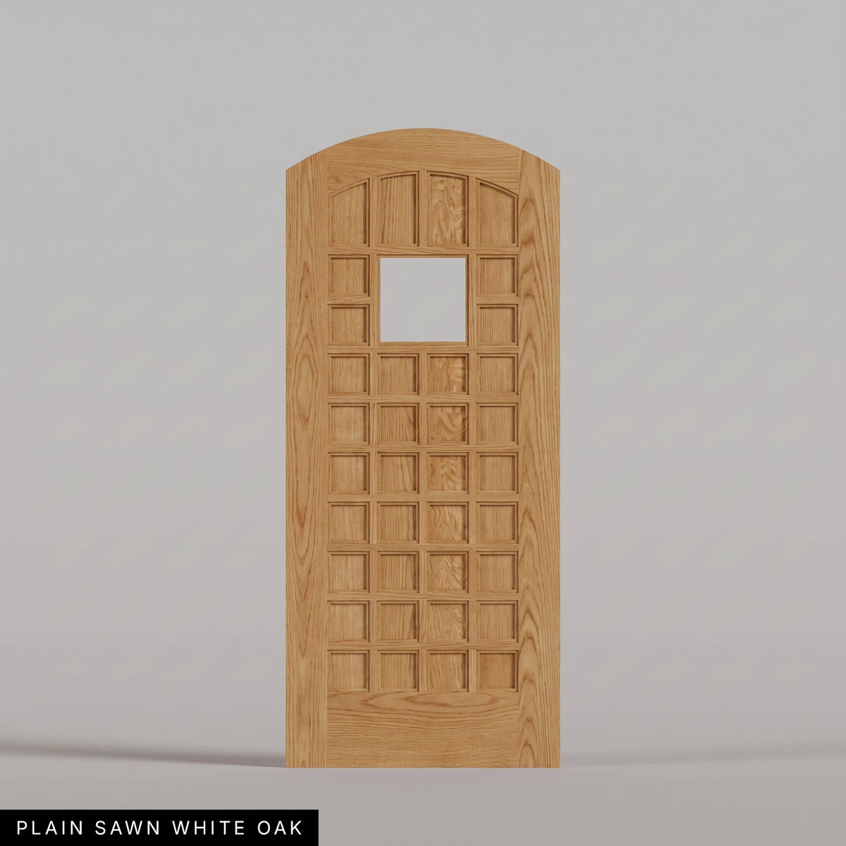 San Marco arched door in Plain Sawn White Oak, with a square window surrounded by small wood panels. Labeled wood species view.