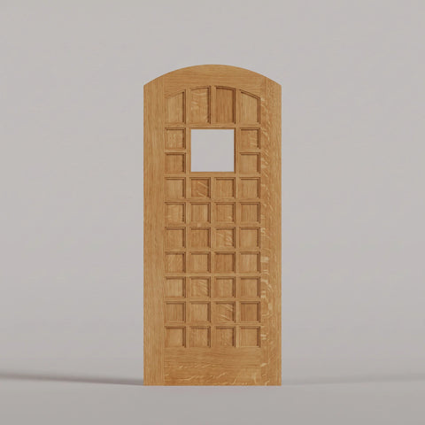 San Marco arched door in Quarter Sawn White Oak, with a square window surrounded by small wood panels.