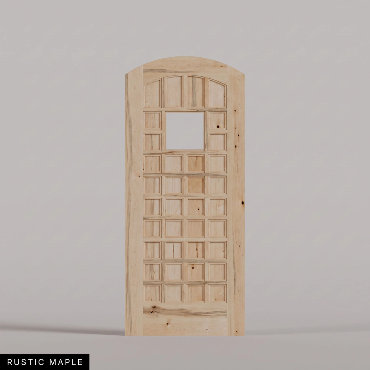 San Marco arched door in Rustic Maple, with a square window surrounded by small wood panels. Labeled wood species view.