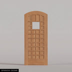 San Marco arched door in Spanish Cedar, with a square window surrounded by small wood panels. Labeled wood species view.