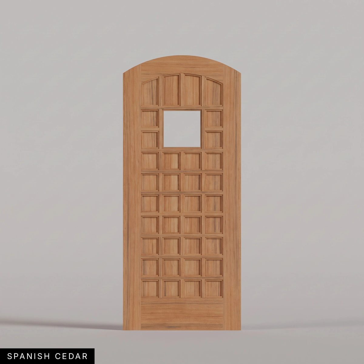 San Marco arched door in Spanish Cedar, with a square window surrounded by small wood panels. Labeled wood species view.