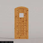 San Marco arched door in Tight Knot Cedar, with a square window surrounded by small wood panels. Labeled wood species view.