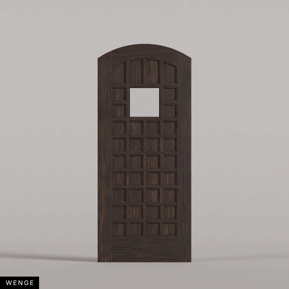 San Marco arched door in Wenge, with a square window surrounded by small wood panels. Labeled wood species view.