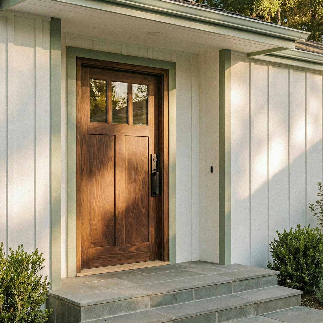 Wooden front door of a house with steps leading up to it