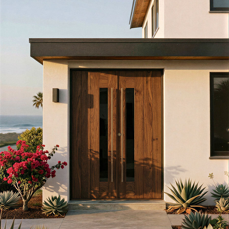 Mid-Century Modern Double Front Doors With Side Window in a Californian home.