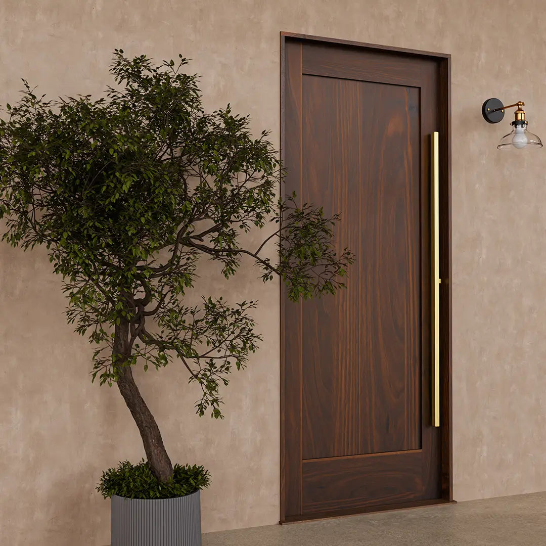 Fortuna Shaker Classic Single Panel Solid Wood Front Entry Door on a plaster wall on side view
