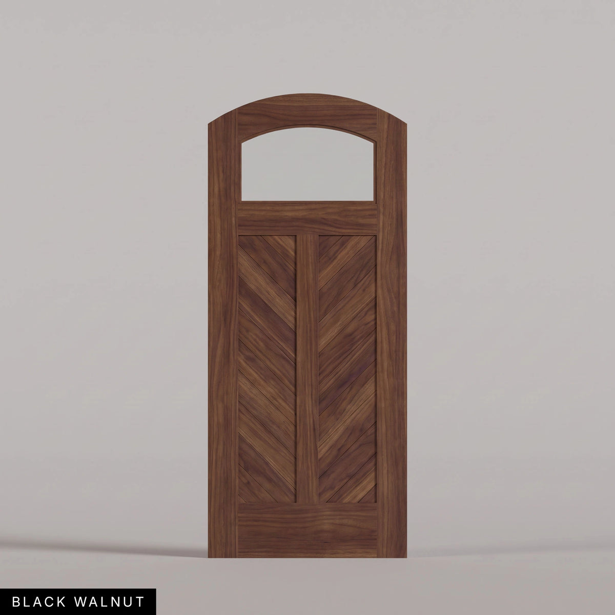 Sorrento arched door in Black Walnut, with an upper glass pane and chevron wood panels divided by a center stile. Labeled wood species view.