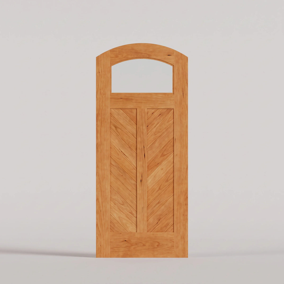 Sorrento arched door in Cherry, with an upper glass pane and chevron wood panels divided by a center stile.