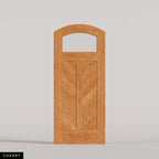 Sorrento arched door in Cherry, with an upper glass pane and chevron wood panels divided by a center stile. Labeled wood species view.