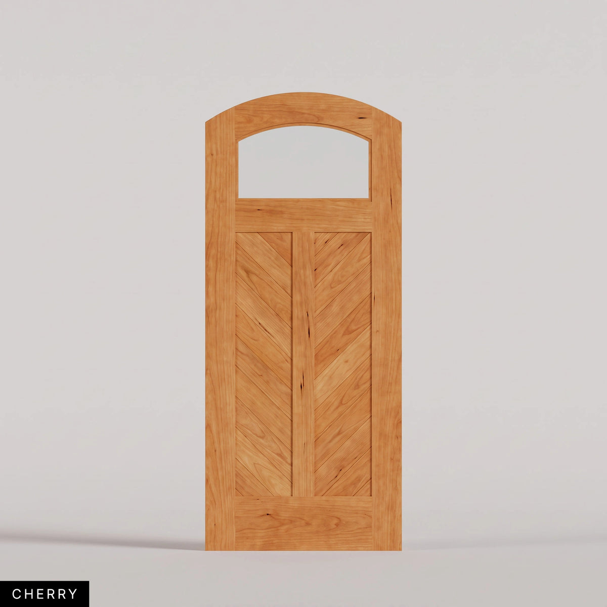 Sorrento arched door in Cherry, with an upper glass pane and chevron wood panels divided by a center stile. Labeled wood species view.