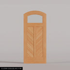 Sorrento arched door in Clear Douglas Fir, with an upper glass pane and chevron wood panels divided by a center stile. Labeled wood species view.