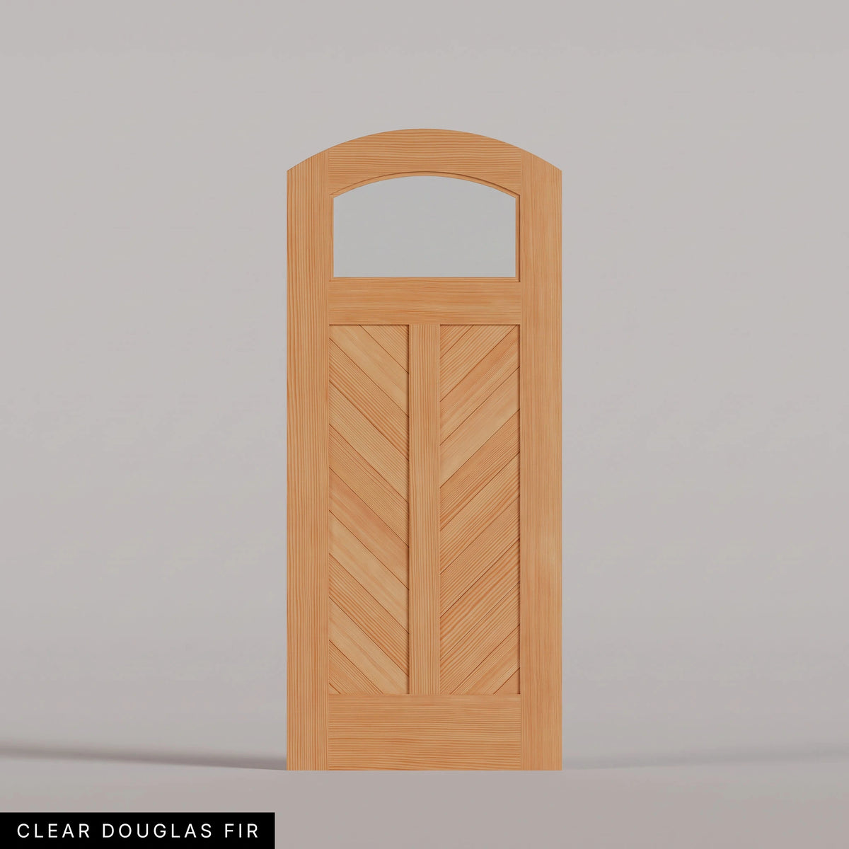 Sorrento arched door in Clear Douglas Fir, with an upper glass pane and chevron wood panels divided by a center stile. Labeled wood species view.