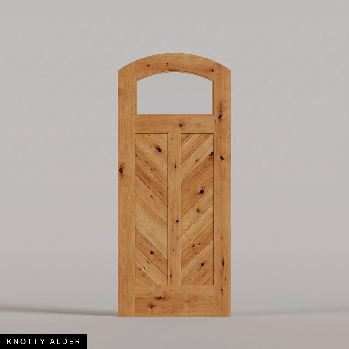 Sorrento arched door in Knotty Alder, with an upper glass pane and chevron wood panels divided by a center stile. Labeled wood species view.
