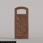 Sorrento arched door in Knotty Black Walnut, with an upper glass pane and chevron wood panels divided by a center stile. Labeled wood species view.