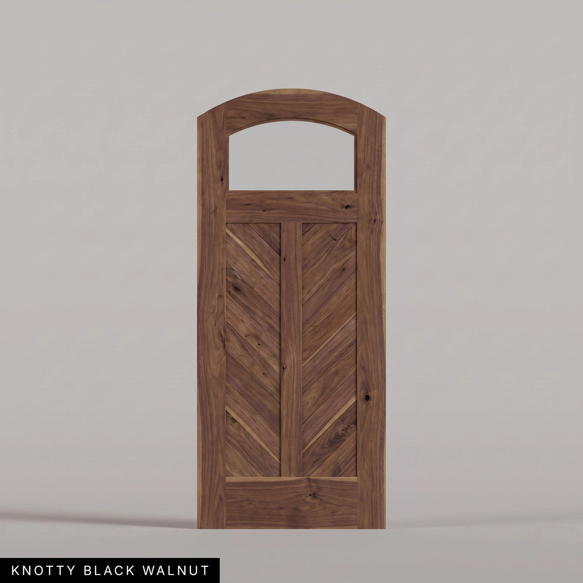 Sorrento arched door in Knotty Black Walnut, with an upper glass pane and chevron wood panels divided by a center stile. Labeled wood species view.