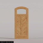 Sorrento arched door in Knotty White Oak, with an upper glass pane and chevron wood panels divided by a center stile. Labeled wood species view.