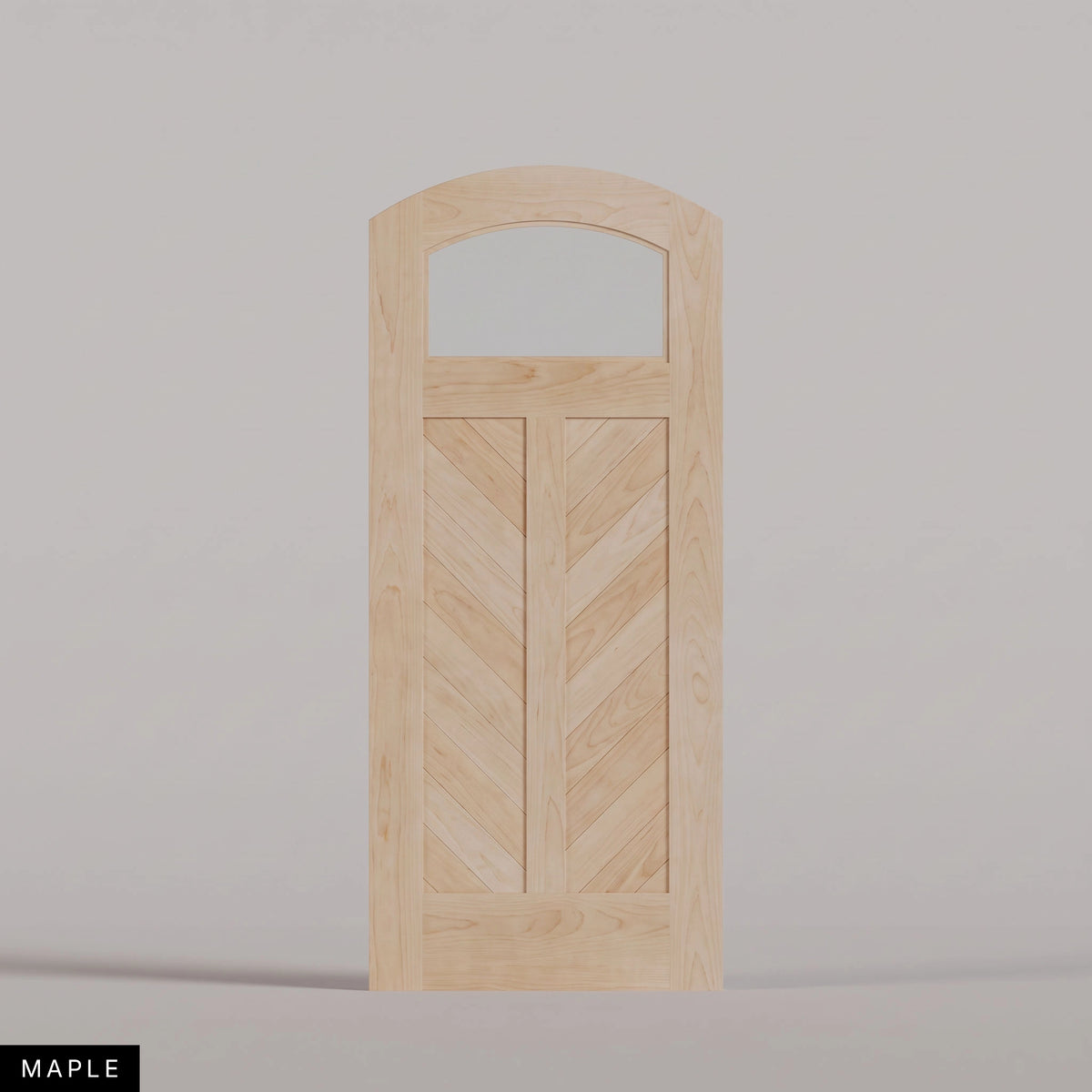 Sorrento arched door in Maple, with an upper glass pane and chevron wood panels divided by a center stile. Labeled wood species view.