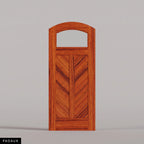 Sorrento arched door in Padauk, with an upper glass pane and chevron wood panels divided by a center stile. Labeled wood species view.