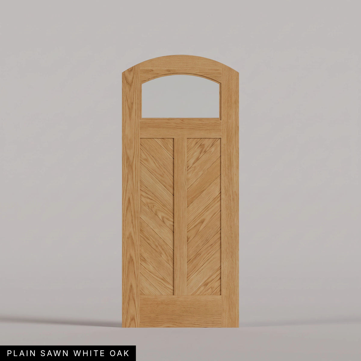 Sorrento arched door in Plain Sawn White Oak, with an upper glass pane and chevron wood panels divided by a center stile. Labeled wood species view.