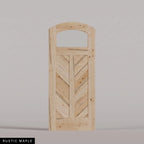Sorrento arched door in Rustic Maple, with an upper glass pane and chevron wood panels divided by a center stile. Labeled wood species view.