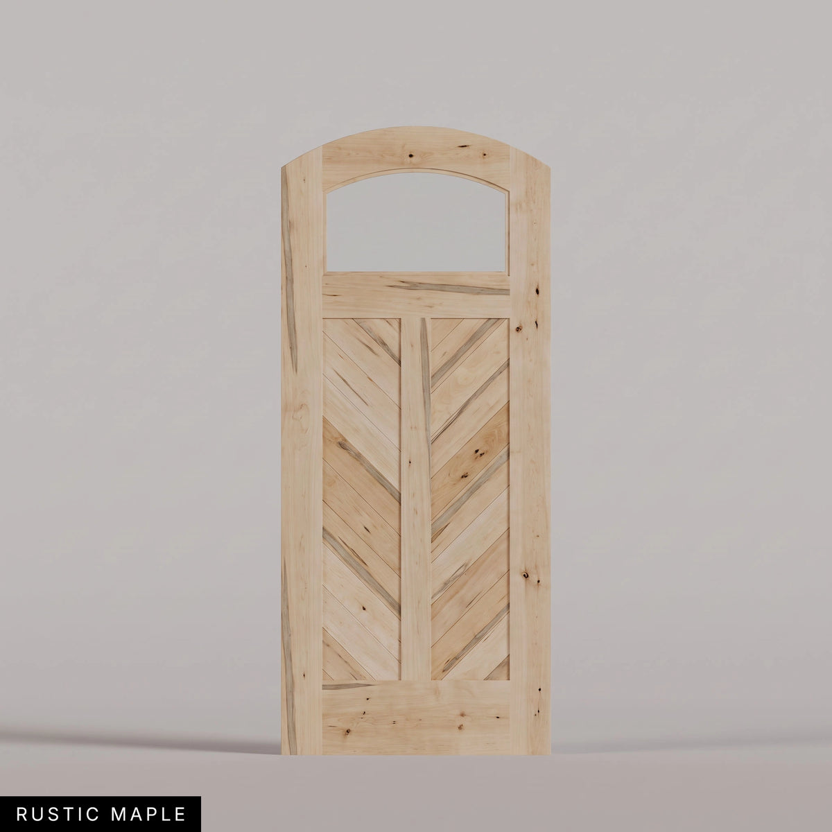 Sorrento arched door in Rustic Maple, with an upper glass pane and chevron wood panels divided by a center stile. Labeled wood species view.