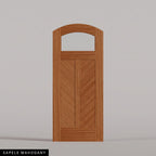 Sorrento arched door in Sapele Mahogany, with an upper glass pane and chevron wood panels divided by a center stile. Labeled wood species view.