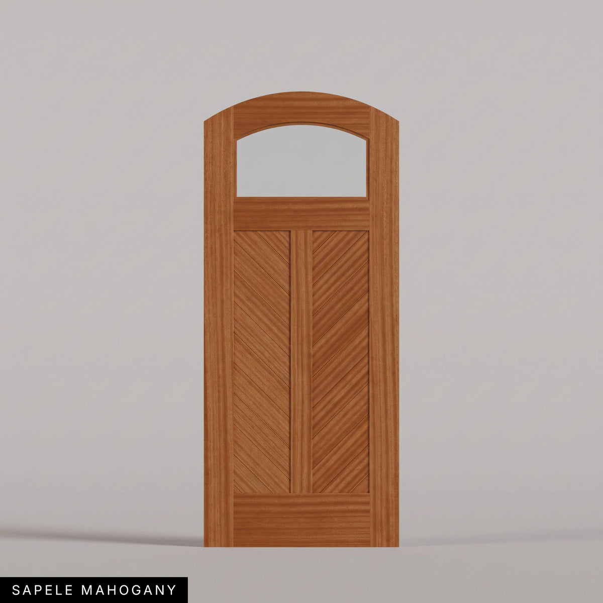 Sorrento arched door in Sapele Mahogany, with an upper glass pane and chevron wood panels divided by a center stile. Labeled wood species view.