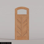 Sorrento arched door in Spanish Cedar, with an upper glass pane and chevron wood panels divided by a center stile. Labeled wood species view.