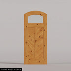 Sorrento arched door in Tight Knot Cedar, with an upper glass pane and chevron wood panels divided by a center stile. Labeled wood species view.