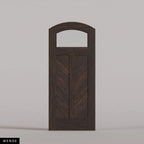 Sorrento arched door in Wenge, with an upper glass pane and chevron wood panels divided by a center stile. Labeled wood species view.