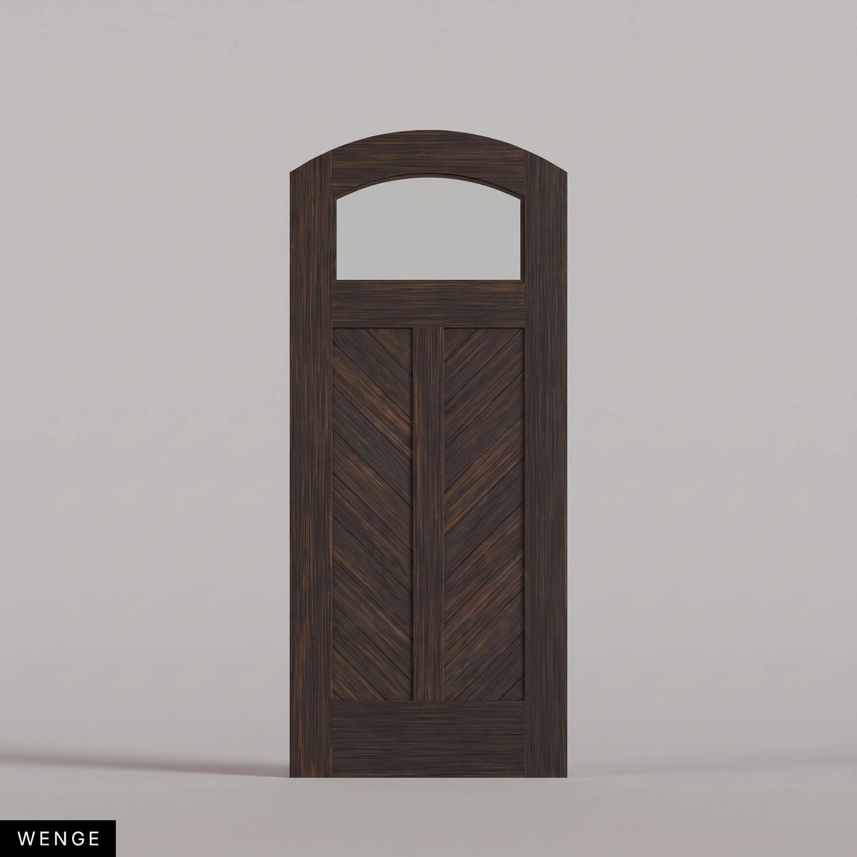 Sorrento arched door in Wenge, with an upper glass pane and chevron wood panels divided by a center stile. Labeled wood species view.