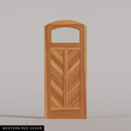 Sorrento arched door in Western Red Cedar, with an upper glass pane and chevron wood panels divided by a center stile. Labeled wood species view.