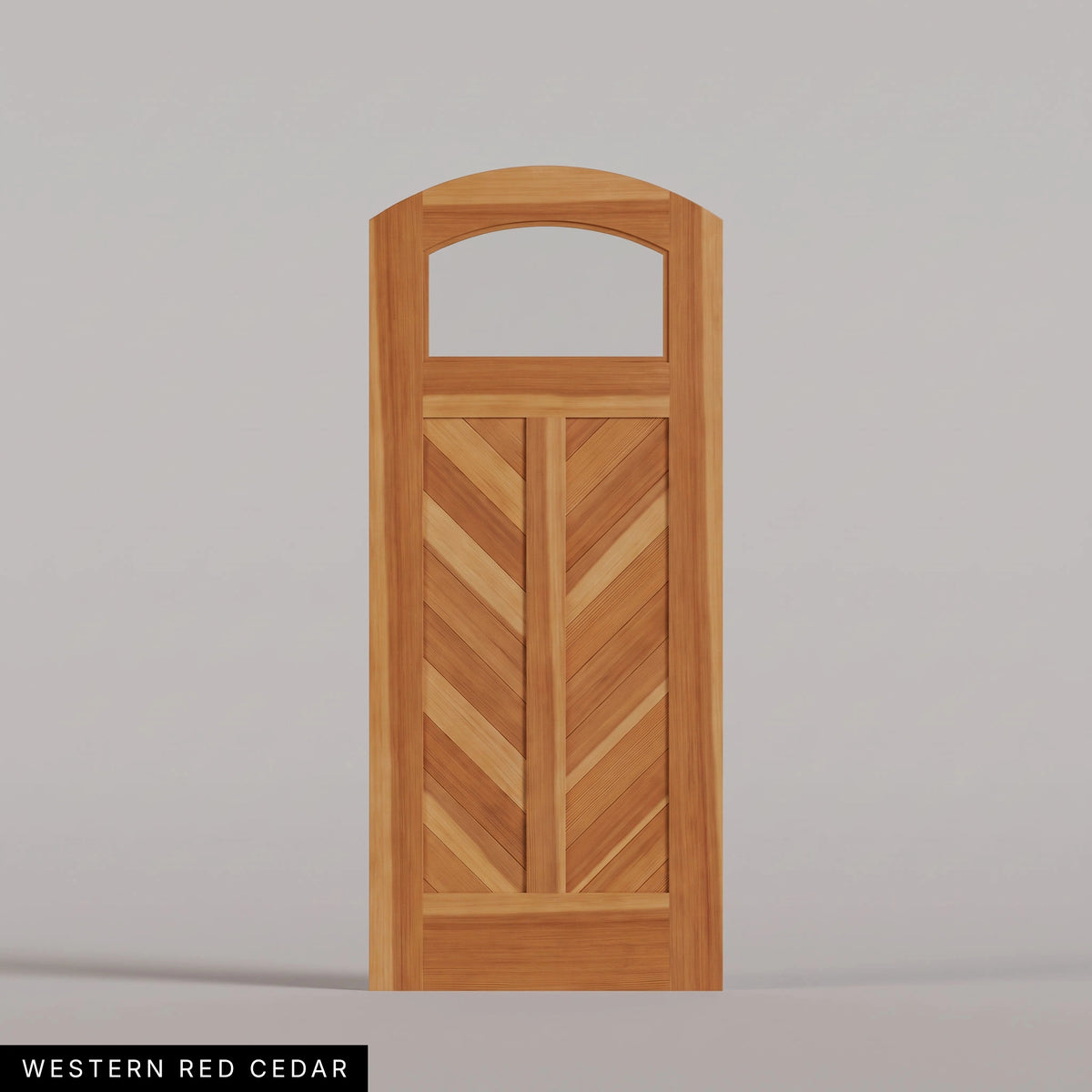 Sorrento arched door in Western Red Cedar, with an upper glass pane and chevron wood panels divided by a center stile. Labeled wood species view.