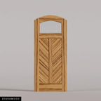 Sorrento arched door in Zebrawood, with an upper glass pane and chevron wood panels divided by a center stile. Labeled wood species view.