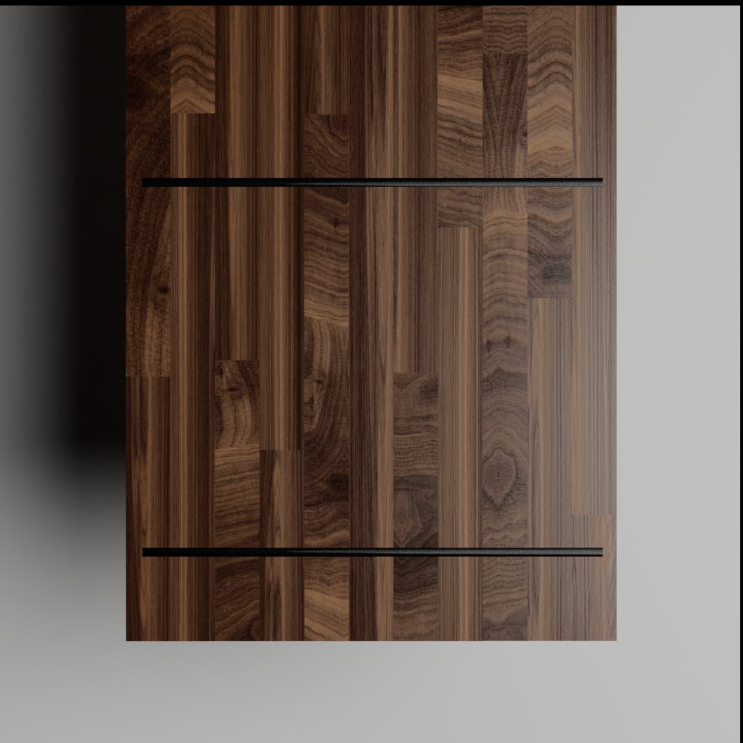 Walnut countertop underside with steel strap reinforcement