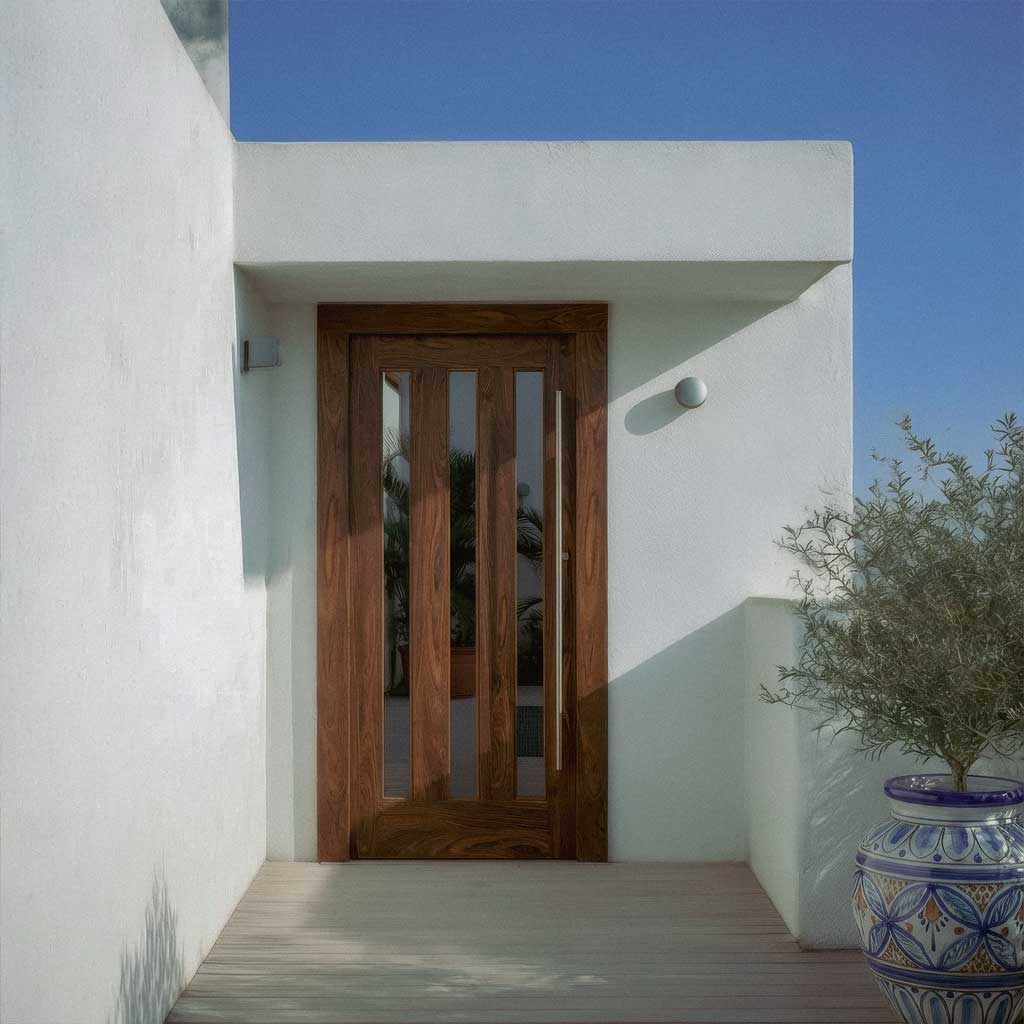 Tacoma Wooden door on a white building with a clear blue sky