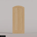 Tivoli arched door in Accoya, with a vertical-plank wood panel. Labeled wood species view.