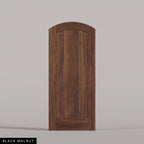 Tivoli arched door in Black Walnut, with a vertical-plank wood panel. Labeled wood species view.