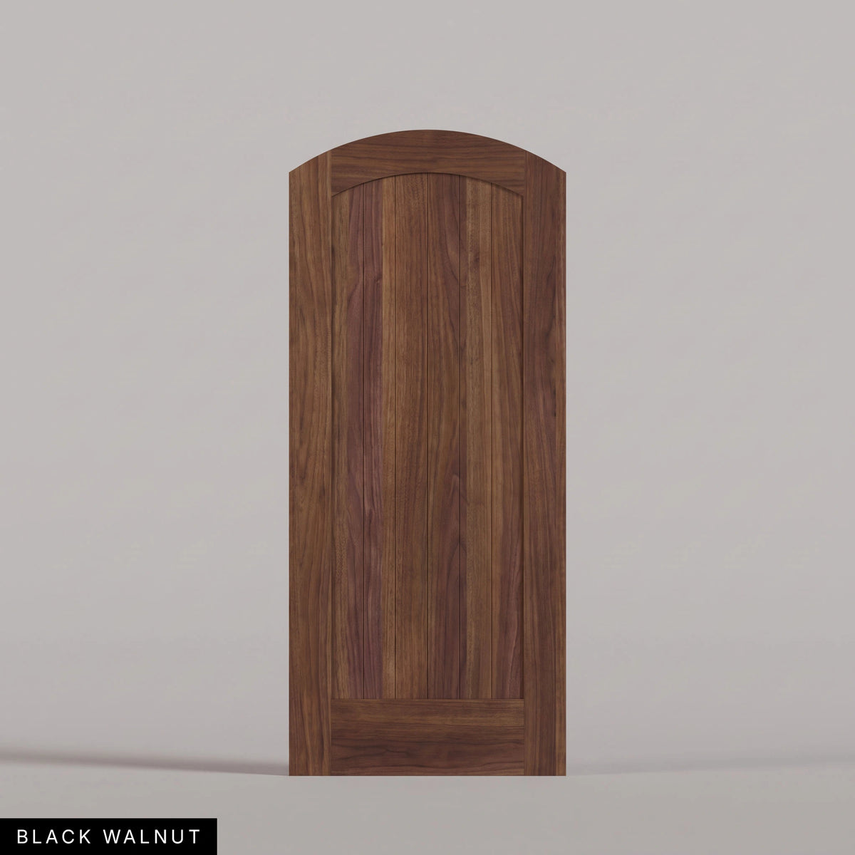 Tivoli arched door in Black Walnut, with a vertical-plank wood panel. Labeled wood species view.