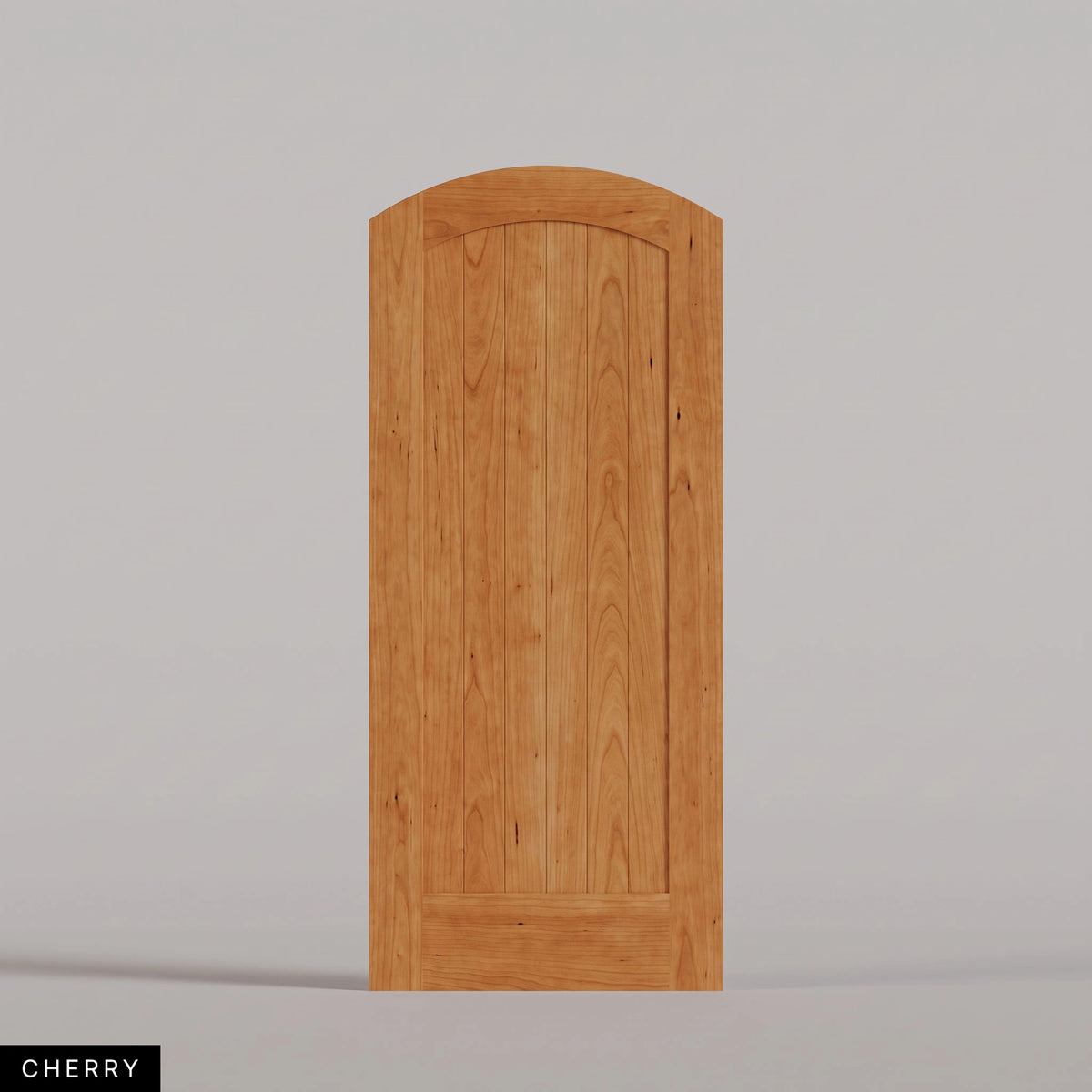 Tivoli arched door in Cherry, with a vertical-plank wood panel. Labeled wood species view.