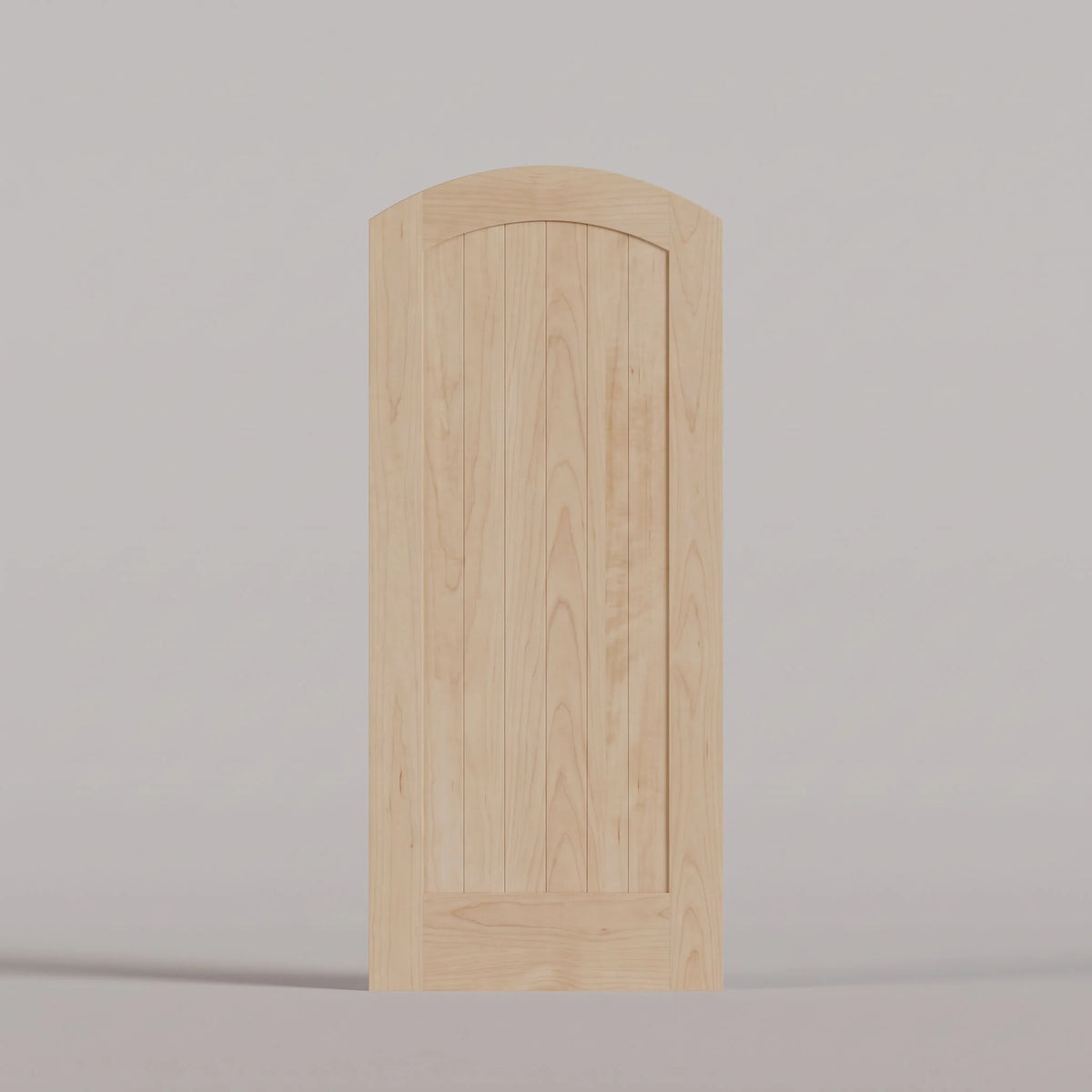 Tivoli arched door in Maple, with a vertical-plank wood panel.