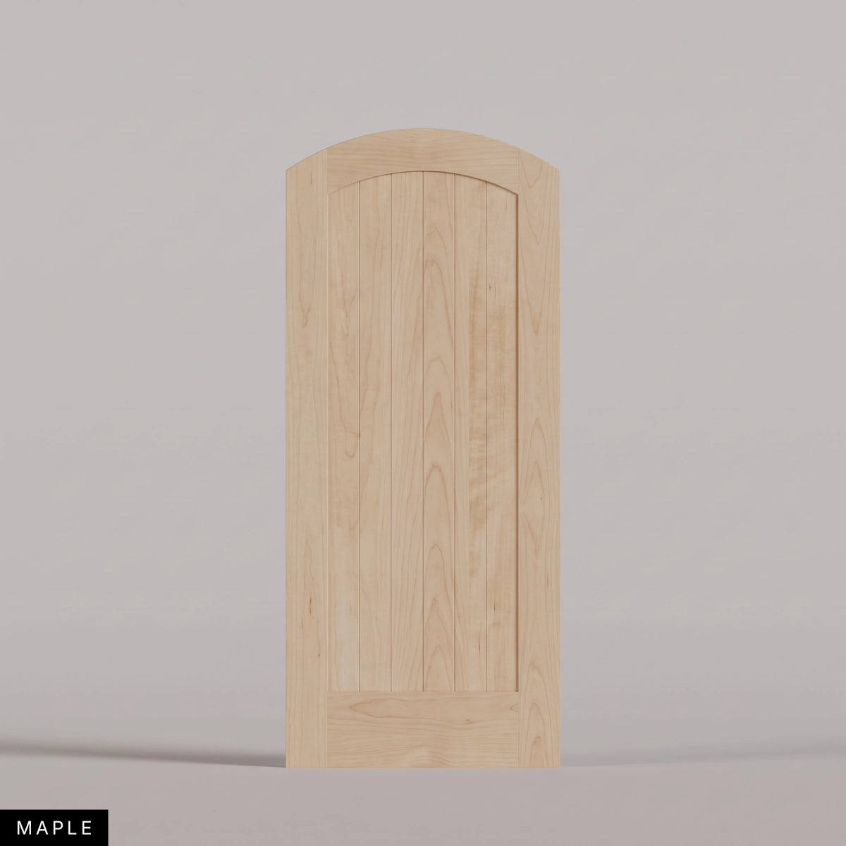 Tivoli arched door in Maple, with a vertical-plank wood panel. Labeled wood species view.