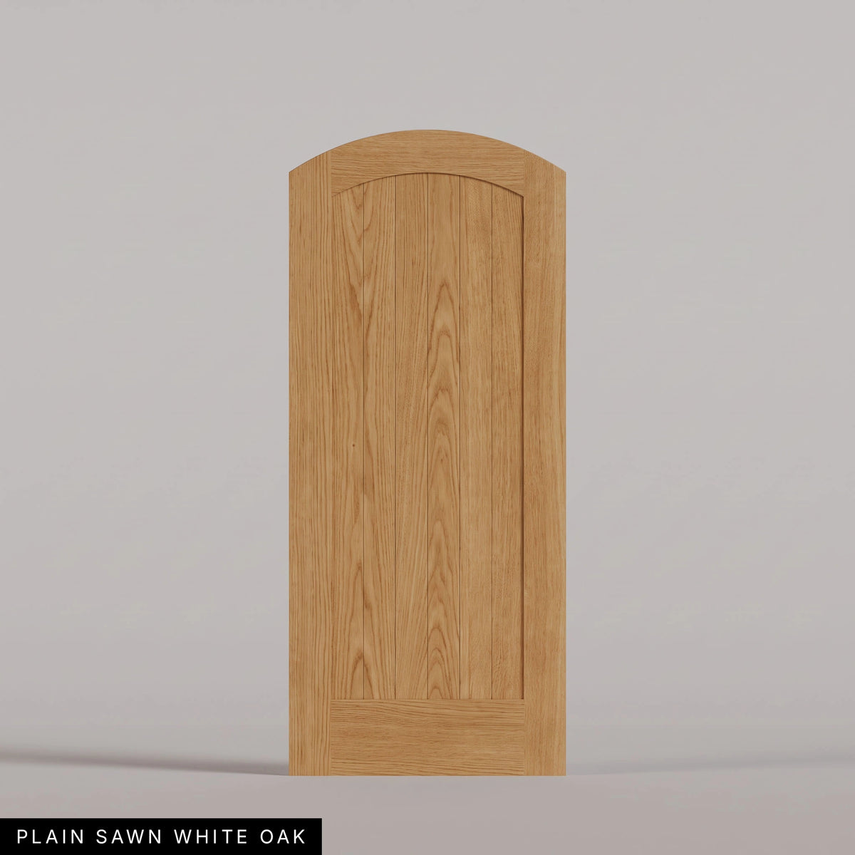 Tivoli arched door in Plain Sawn White Oak, with a vertical-plank wood panel. Labeled wood species view.
