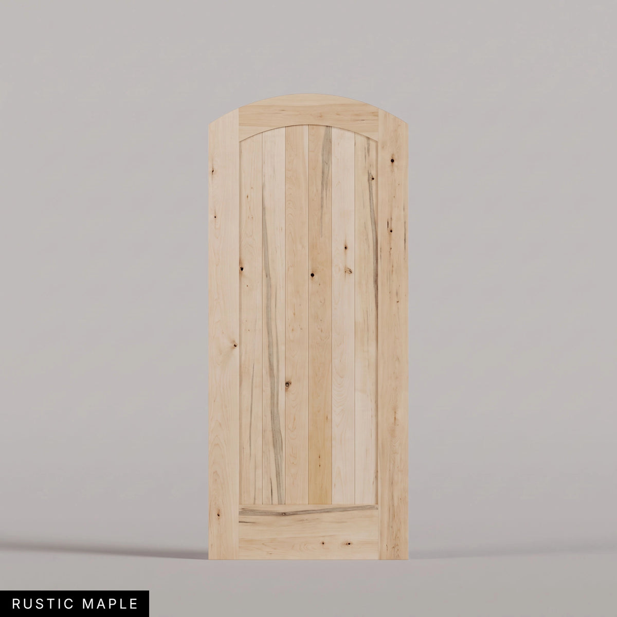 Tivoli arched door in Rustic Maple, with a vertical-plank wood panel. Labeled wood species view.
