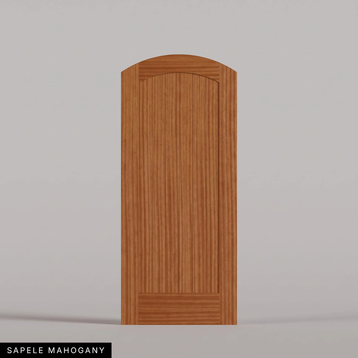 Tivoli arched door in Sapele Mahogany, with a vertical-plank wood panel. Labeled wood species view.