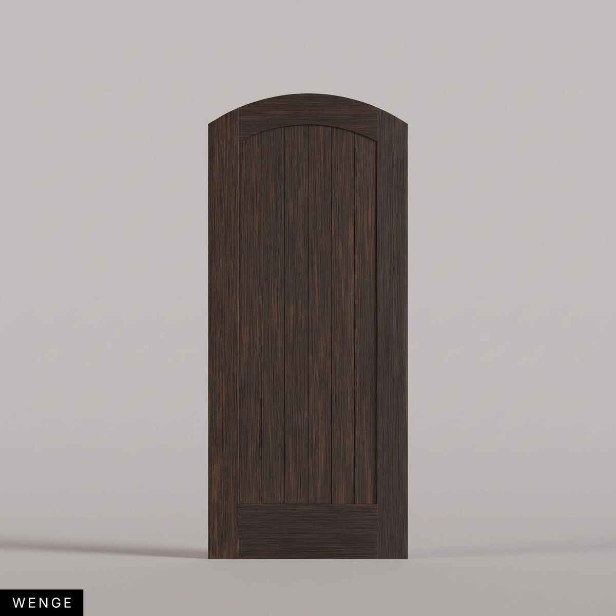 Tivoli arched door in Wenge, with a vertical-plank wood panel. Labeled wood species view.